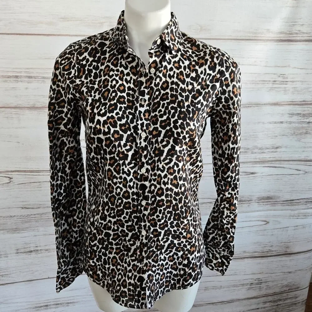 J Crew Perfect Fit Leopard Print Button-down Shirt sz 2 Tall